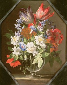 Eine Vase mit Blumen auf einem Steinsims mit Tulpen, Chrysanthemen, Dahlien und Narzissen, 17. Jahrhundert